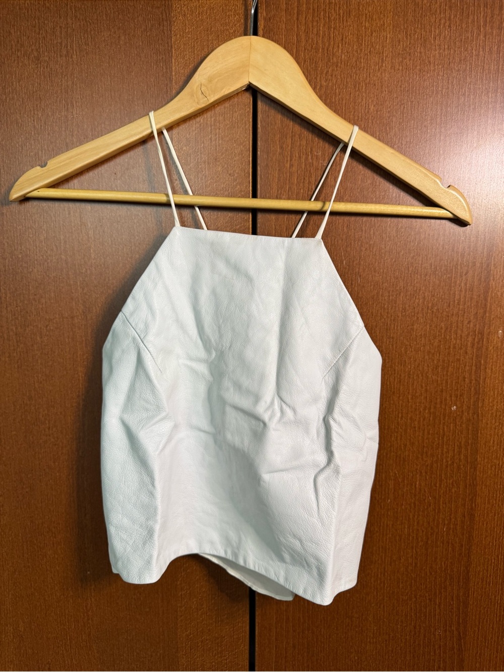 Cami NYC White real Leather Spaghetti Strap Crop Top with sheer back